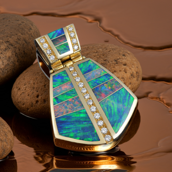 Large Australian Opal inlay pendant with diamonds by The Hileman Collection opal jewelry.