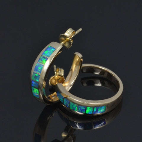 Australian Opal hoop earrings in 14 karat yellow gold by The Hileman Collection.