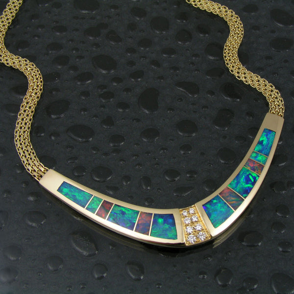Elegant Australian opal necklace with diamonds set in 14k gold by Hileman.
