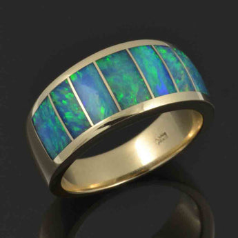 Australian opal ring with outstanding blue-green opal inlaid in 14k gold by Hileman.