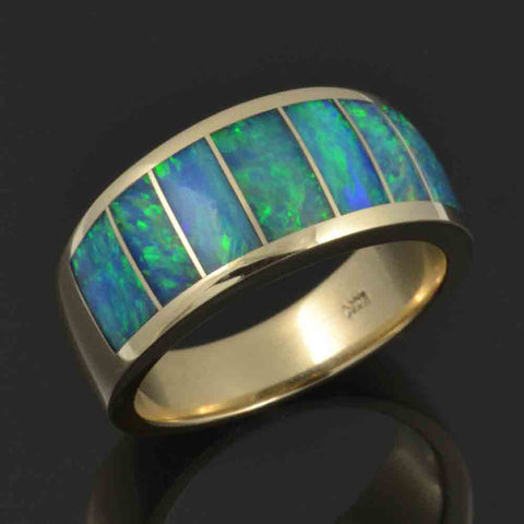 Australian opal ring with outstanding blue-green opal inlaid in 14k gold by Hileman.