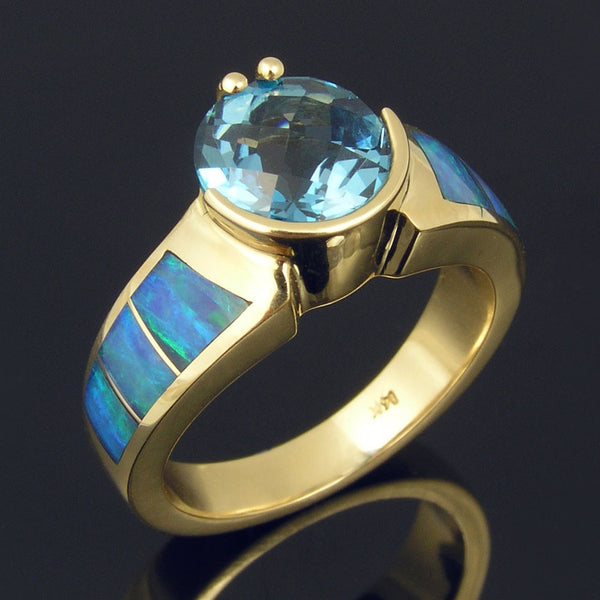 Australian opal ring with blue topaz set in 14k gold by Hileman