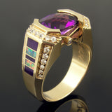 Opal ring with amethyst, sugilite and diamonds set in 14k gold.  The amethyst looks great with the inlaid sugilite in this ring!