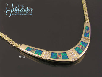 Fiery Australian Opal necklace with pave` set diamond accents handcrafted in 14k yellow gold by The Hileman Collection.