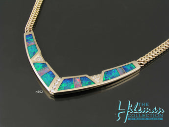 Australian Opal necklace with diamond accents set in 14k yellow gold by The Hileman Collection.