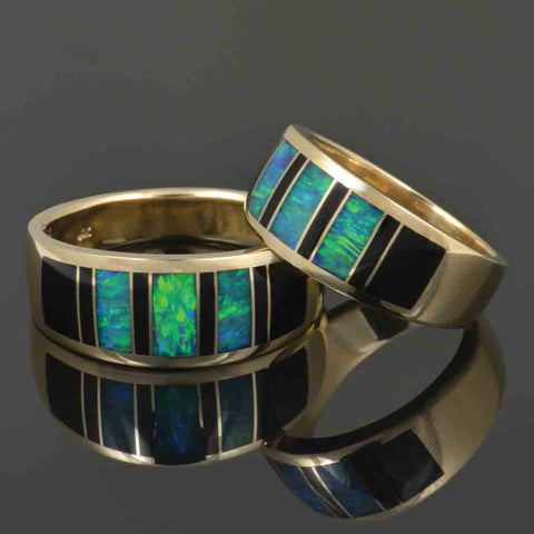 Black onyx and Australian opal wedding ring set in 14k gold.  Matching his and hers opal wedding bands by The Hileman Collection.