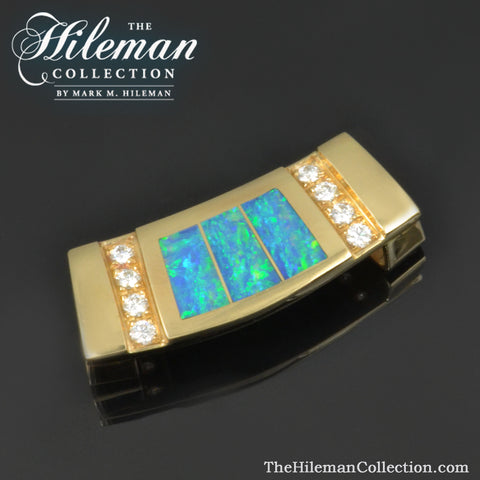 Australian opal slide pendant with diamonds in 14k gold.