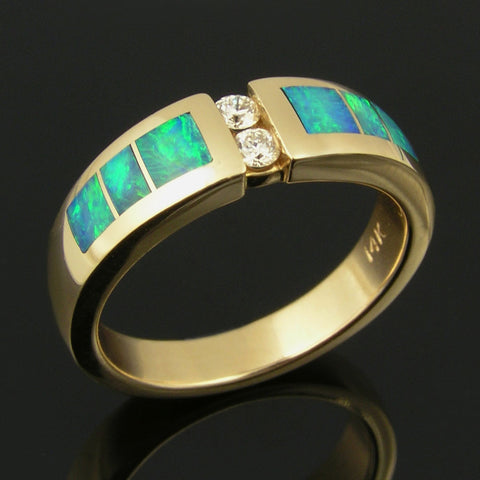 Australian opal wedding ring with diamonds in 14k gold