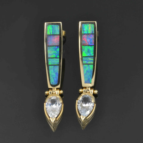 Australian opal earrings with pear white sapphires in 14k gold by Hileman.